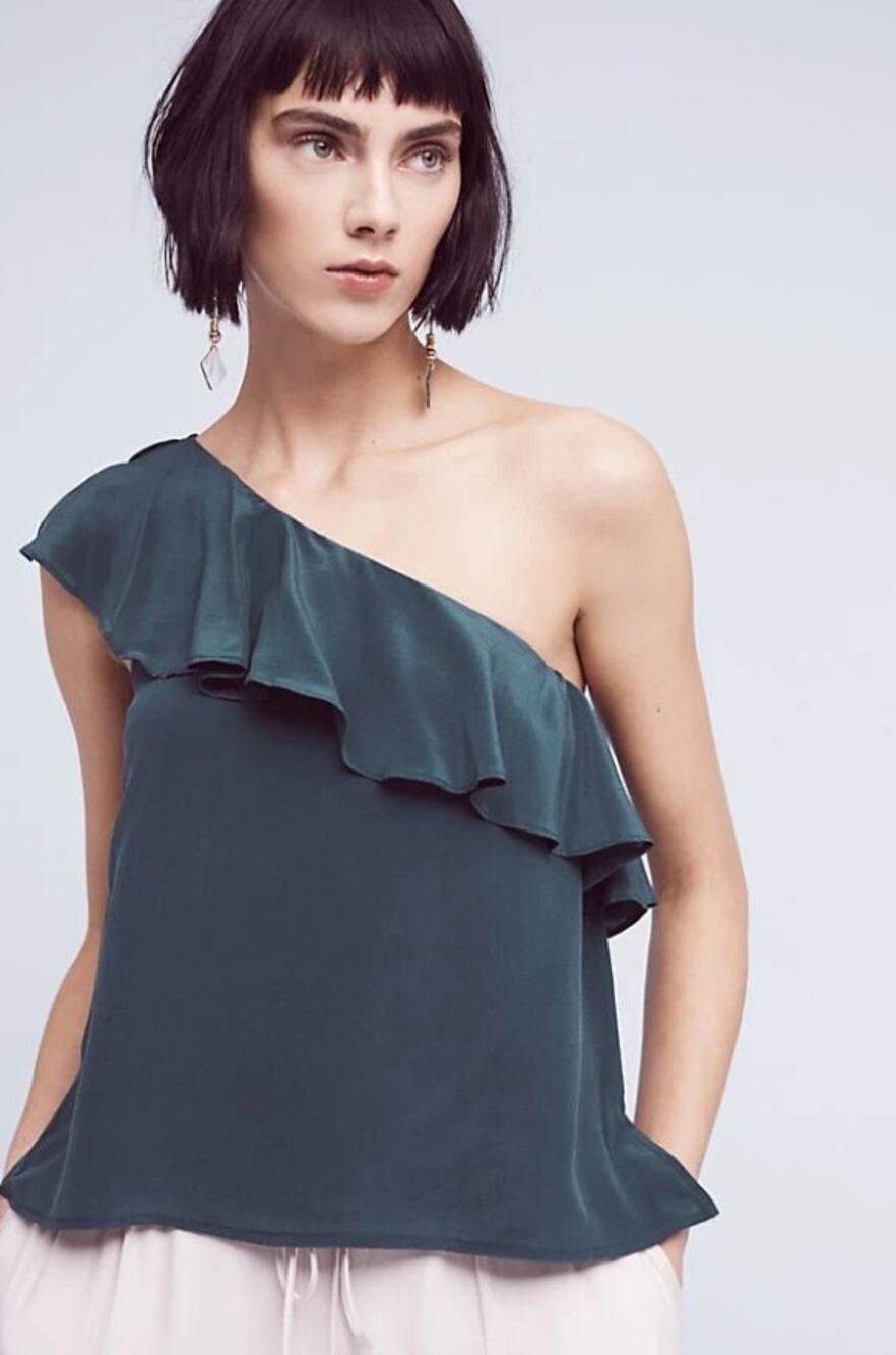 Maeve by Anthropologie Holly Silk One-Shoulder Ruffle Top Green Women Sz 16 NWT